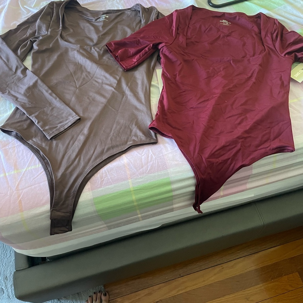 Stylish Long Sleeve Bodysuit Set - Brown and Burgundy